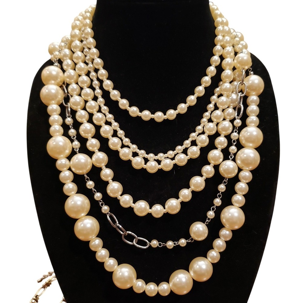 Multi Strand Pearl Necklace Silver‎ Tone Chain Links Statement